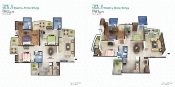 Type D: 3BHK + 3 Toilets + Store/Pooja Super Area - 1715 Sq. Ft